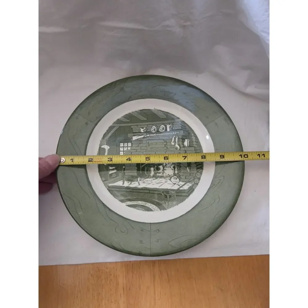 4 Colonial Homestead Royal Green Home Scene Dinner Plates Set Vintage 9 7/8